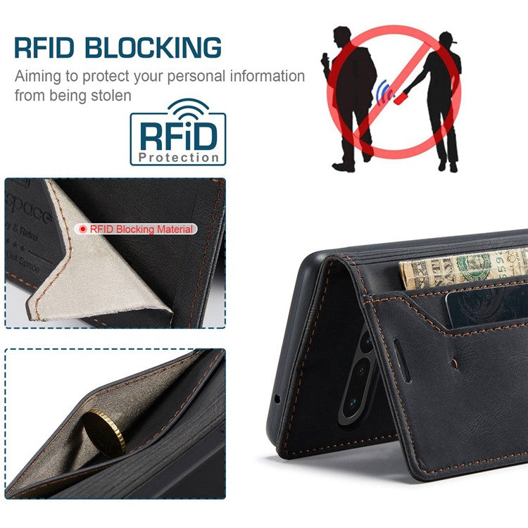 AUTSPACE A01 Series For Google Pixel 7 Pro 5G Retro Matte PU Leather Phone Case RFID Blocking Cover with Foldable Stand Wallet - Black