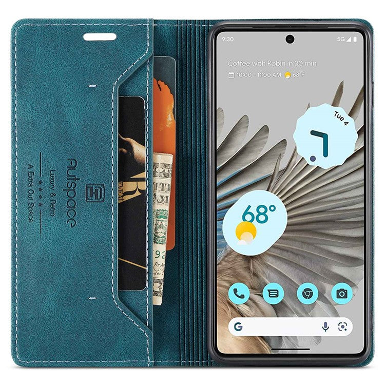 AUTSPACE A01 Series For Google Pixel 7 Pro 5G Retro Matte PU Leather Phone Case RFID Blocking Cover with Foldable Stand Wallet - Blue