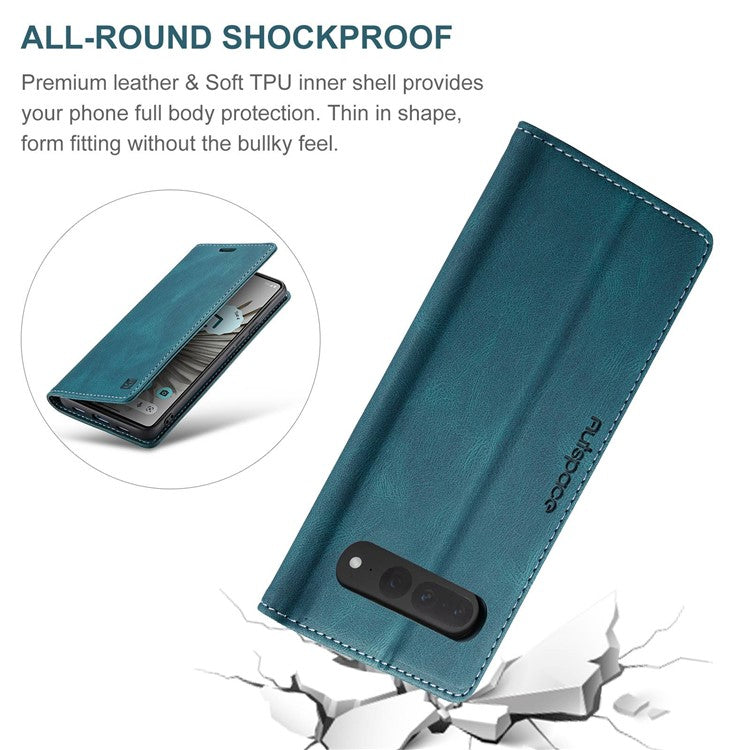 AUTSPACE A01 Series For Google Pixel 7 Pro 5G Retro Matte PU Leather Phone Case RFID Blocking Cover with Foldable Stand Wallet - Blue