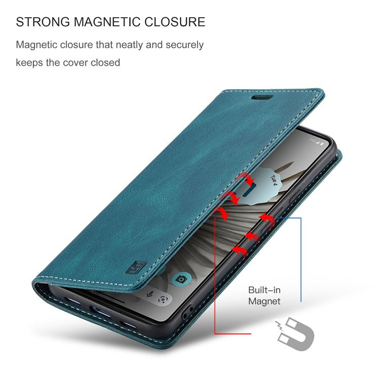 AUTSPACE A01 Series For Google Pixel 7 Pro 5G Retro Matte PU Leather Phone Case RFID Blocking Cover with Foldable Stand Wallet - Blue