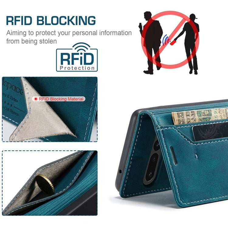 AUTSPACE A01 Series For Google Pixel 7 Pro 5G Retro Matte PU Leather Phone Case RFID Blocking Cover with Foldable Stand Wallet - Blue