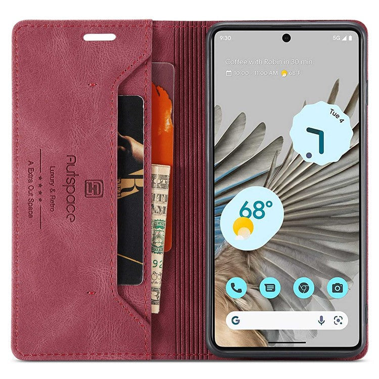 AUTSPACE A01 Series For Google Pixel 7 Pro 5G Retro Matte PU Leather Phone Case RFID Blocking Cover with Foldable Stand Wallet - Red