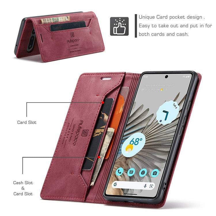 AUTSPACE A01 Series For Google Pixel 7 Pro 5G Retro Matte PU Leather Phone Case RFID Blocking Cover with Foldable Stand Wallet - Red
