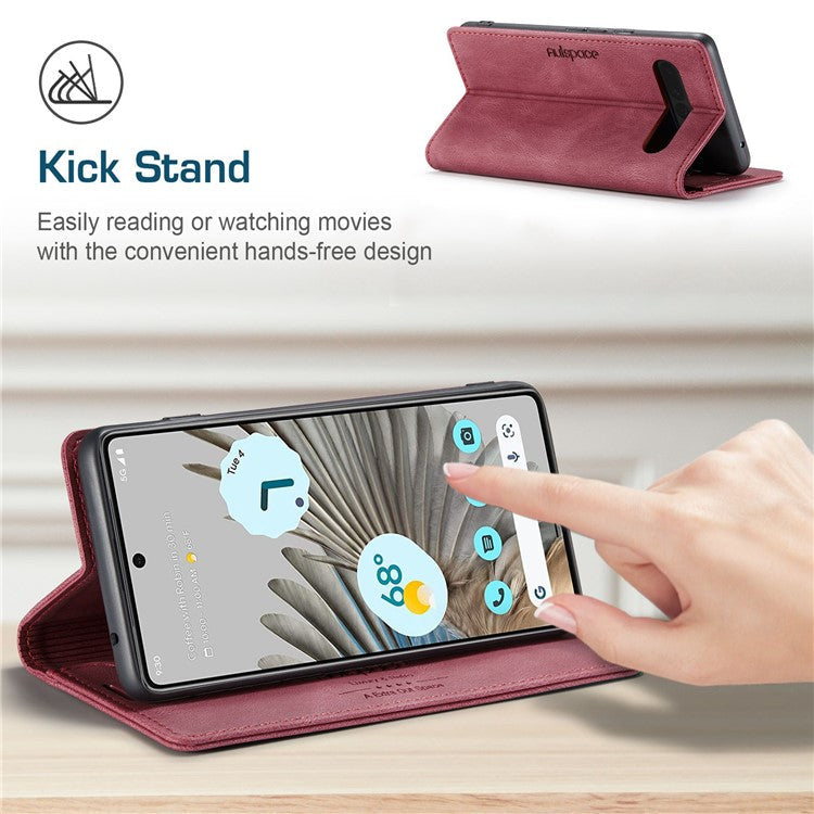 AUTSPACE A01 Series For Google Pixel 7 Pro 5G Retro Matte PU Leather Phone Case RFID Blocking Cover with Foldable Stand Wallet - Red