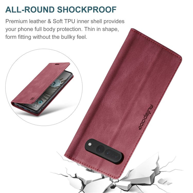 AUTSPACE A01 Series For Google Pixel 7 Pro 5G Retro Matte PU Leather Phone Case RFID Blocking Cover with Foldable Stand Wallet - Red