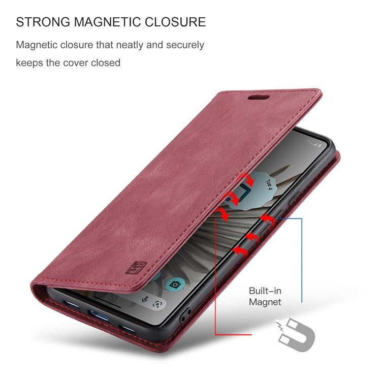 AUTSPACE A01 Series For Google Pixel 7 Pro 5G Retro Matte PU Leather Phone Case RFID Blocking Cover with Foldable Stand Wallet - Red