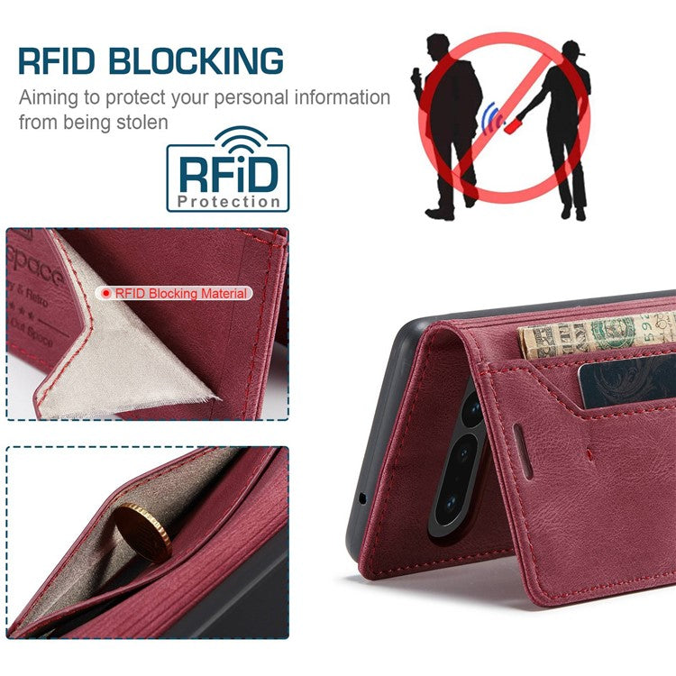 AUTSPACE A01 Series For Google Pixel 7 Pro 5G Retro Matte PU Leather Phone Case RFID Blocking Cover with Foldable Stand Wallet - Red