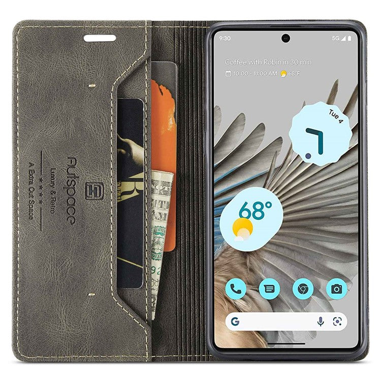 AUTSPACE A01 Series For Google Pixel 7 Pro 5G Retro Matte PU Leather Phone Case RFID Blocking Cover with Foldable Stand Wallet - Coffee