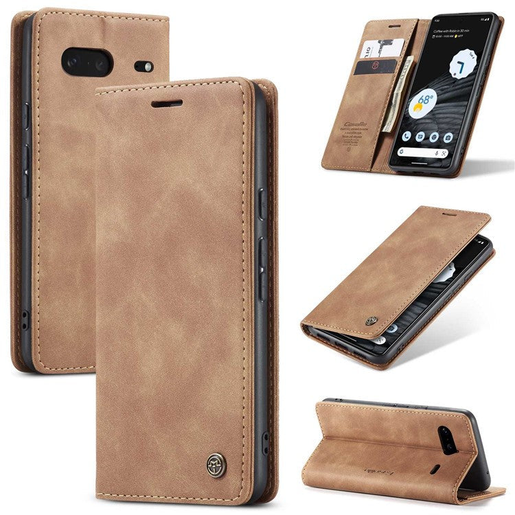 CASEME 013 Series Anti-drop Flip Phone Case for Google Pixel 7 5G, Magnetic Auto-absorbed Anti-scratch PU Leather Phone Cover with Wallet Stand - Brown