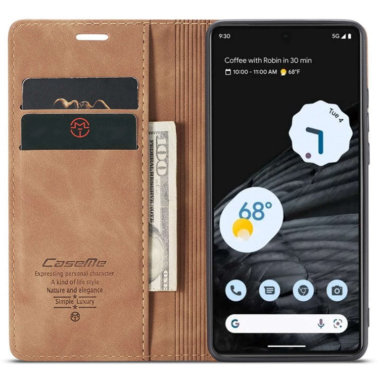 CASEME 013 Series Anti-drop Flip Phone Case for Google Pixel 7 5G, Magnetic Auto-absorbed Anti-scratch PU Leather Phone Cover with Wallet Stand - Brown