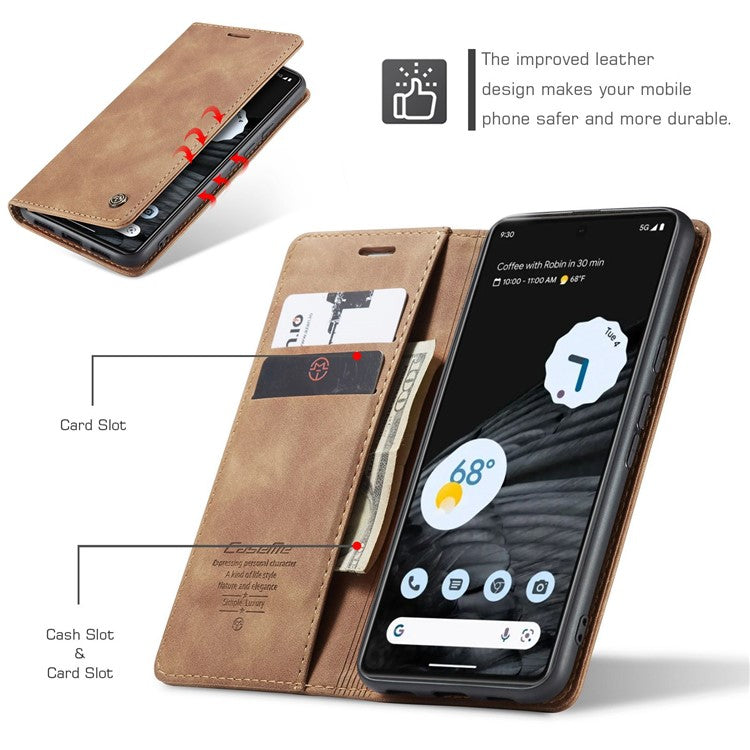 CASEME 013 Series Anti-drop Flip Phone Case for Google Pixel 7 5G, Magnetic Auto-absorbed Anti-scratch PU Leather Phone Cover with Wallet Stand - Brown