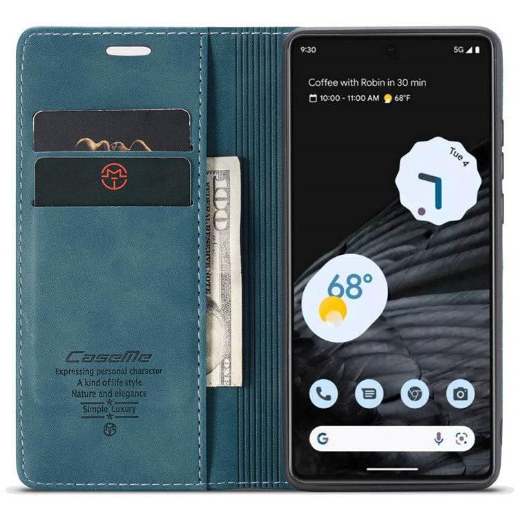 CASEME 013 Series Anti-drop Flip Phone Case for Google Pixel 7 5G, Magnetic Auto-absorbed Anti-scratch PU Leather Phone Cover with Wallet Stand - Blue