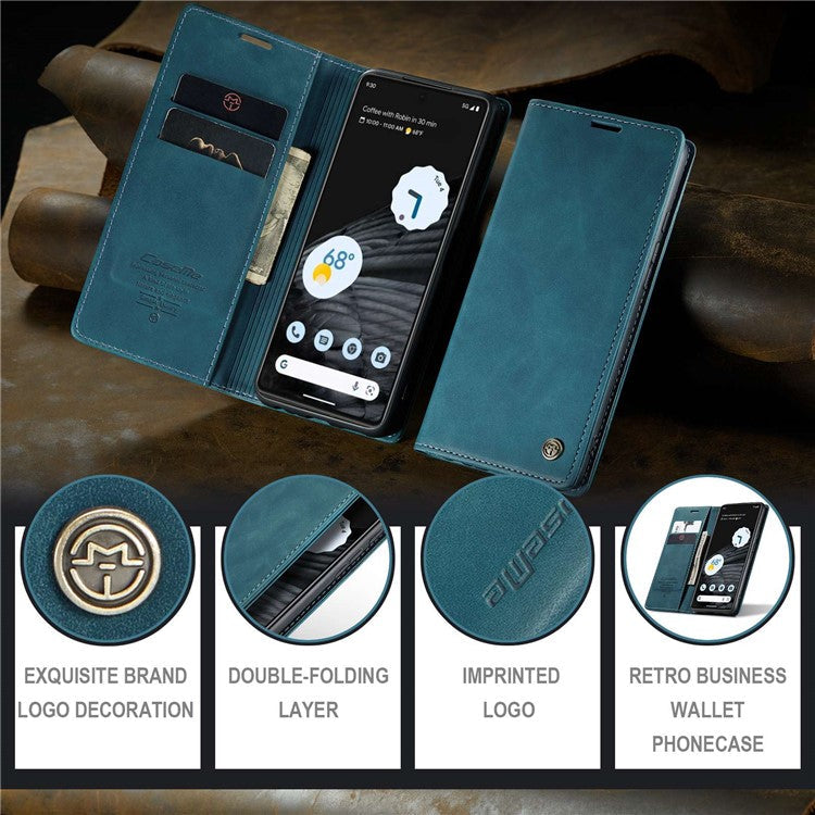 CASEME 013 Series Anti-drop Flip Phone Case for Google Pixel 7 5G, Magnetic Auto-absorbed Anti-scratch PU Leather Phone Cover with Wallet Stand - Blue