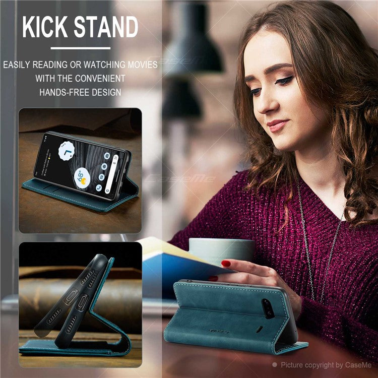 CASEME 013 Series Anti-drop Flip Phone Case for Google Pixel 7 5G, Magnetic Auto-absorbed Anti-scratch PU Leather Phone Cover with Wallet Stand - Blue