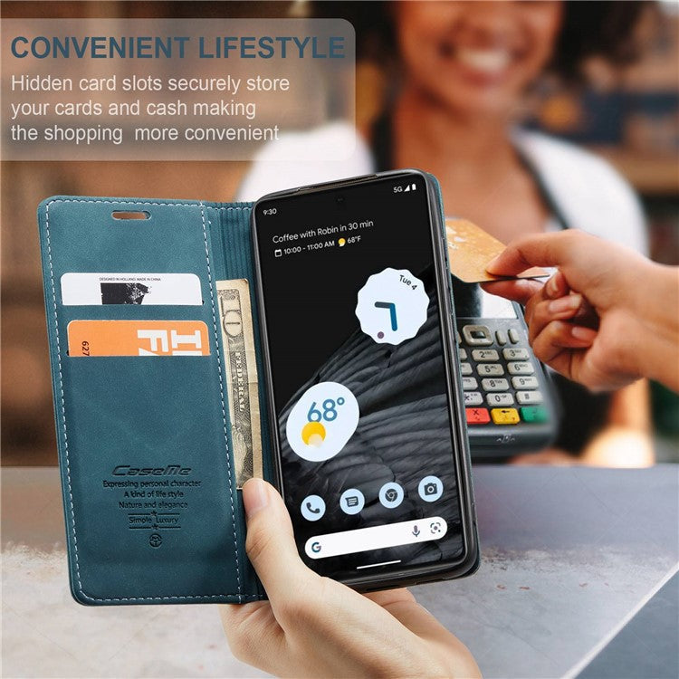 CASEME 013 Series Anti-drop Flip Phone Case for Google Pixel 7 5G, Magnetic Auto-absorbed Anti-scratch PU Leather Phone Cover with Wallet Stand - Blue
