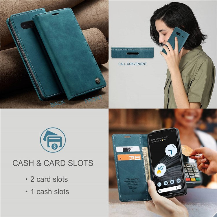 CASEME 013 Series Anti-drop Flip Phone Case for Google Pixel 7 5G, Magnetic Auto-absorbed Anti-scratch PU Leather Phone Cover with Wallet Stand - Blue