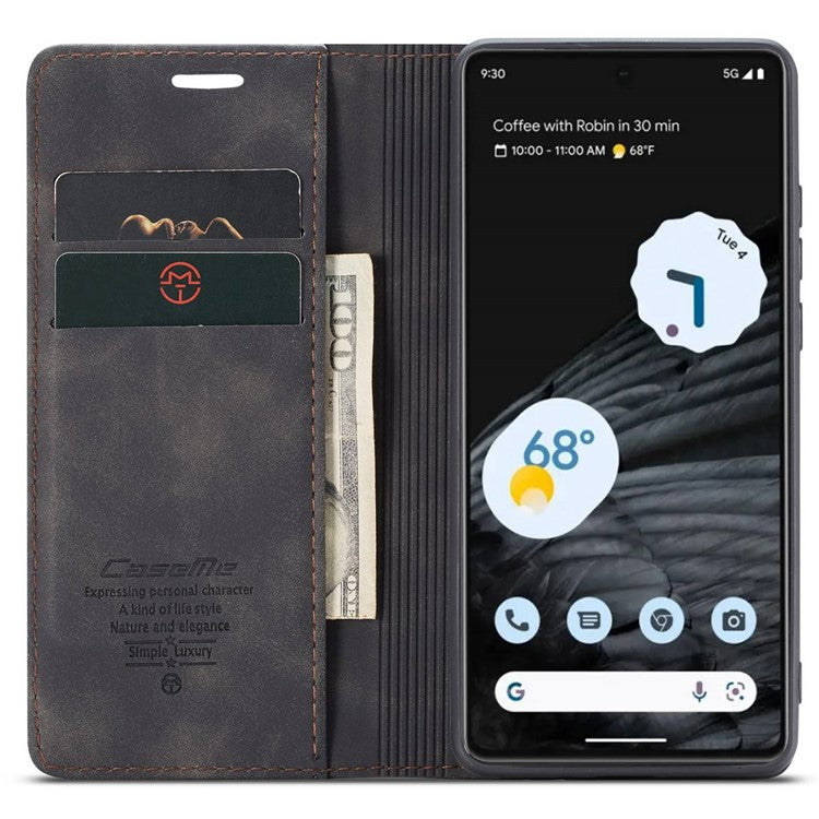 CASEME 013 Series Anti-drop Flip Phone Case for Google Pixel 7 5G, Magnetic Auto-absorbed Anti-scratch PU Leather Phone Cover with Wallet Stand - Black