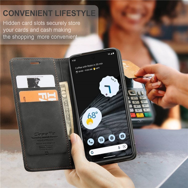 CASEME 013 Series Anti-drop Flip Phone Case for Google Pixel 7 5G, Magnetic Auto-absorbed Anti-scratch PU Leather Phone Cover with Wallet Stand - Black