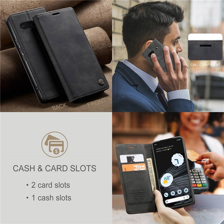 CASEME 013 Series Anti-drop Flip Phone Case for Google Pixel 7 5G, Magnetic Auto-absorbed Anti-scratch PU Leather Phone Cover with Wallet Stand - Black
