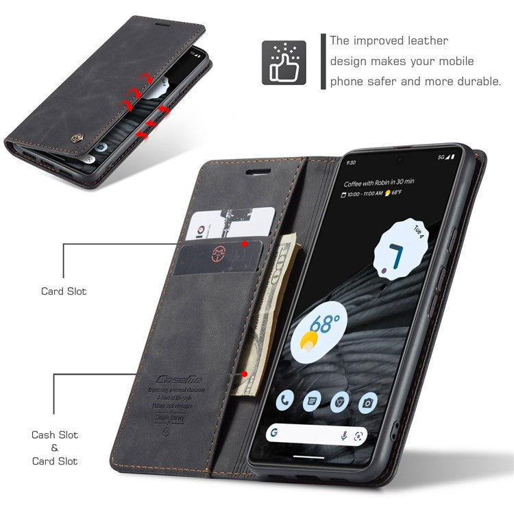 CASEME 013 Series Anti-drop Flip Phone Case for Google Pixel 7 5G, Magnetic Auto-absorbed Anti-scratch PU Leather Phone Cover with Wallet Stand - Black