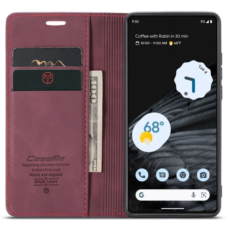 CASEME 013 Series Anti-drop Flip Phone Case for Google Pixel 7 5G, Magnetic Auto-absorbed Anti-scratch PU Leather Phone Cover with Wallet Stand - Red