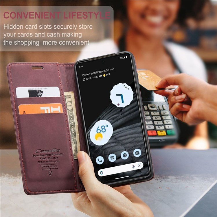 CASEME 013 Series Anti-drop Flip Phone Case for Google Pixel 7 5G, Magnetic Auto-absorbed Anti-scratch PU Leather Phone Cover with Wallet Stand - Red