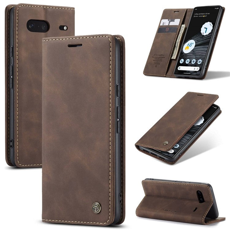 CASEME 013 Series Anti-drop Flip Phone Case for Google Pixel 7 5G, Magnetic Auto-absorbed Anti-scratch PU Leather Phone Cover with Wallet Stand - Coffee