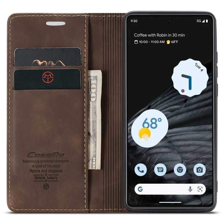 CASEME 013 Series Anti-drop Flip Phone Case for Google Pixel 7 5G, Magnetic Auto-absorbed Anti-scratch PU Leather Phone Cover with Wallet Stand - Coffee