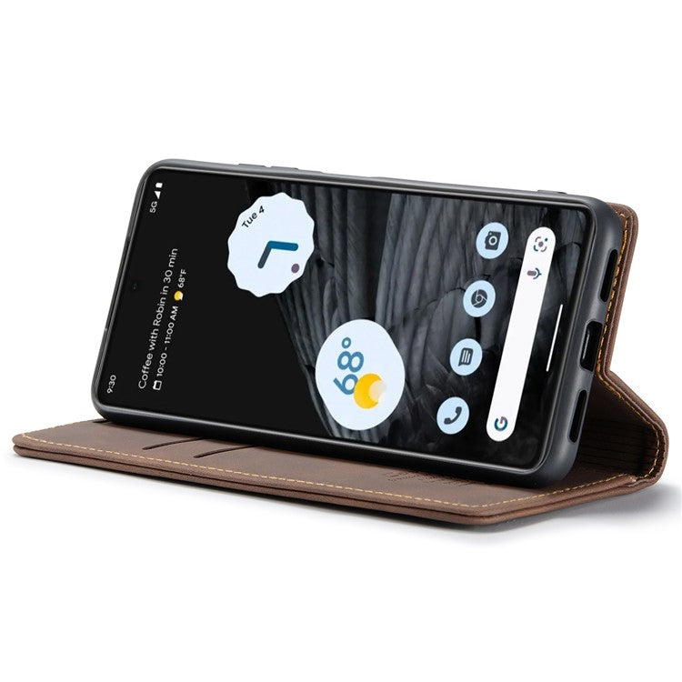 CASEME 013 Series Anti-drop Flip Phone Case for Google Pixel 7 5G, Magnetic Auto-absorbed Anti-scratch PU Leather Phone Cover with Wallet Stand - Coffee