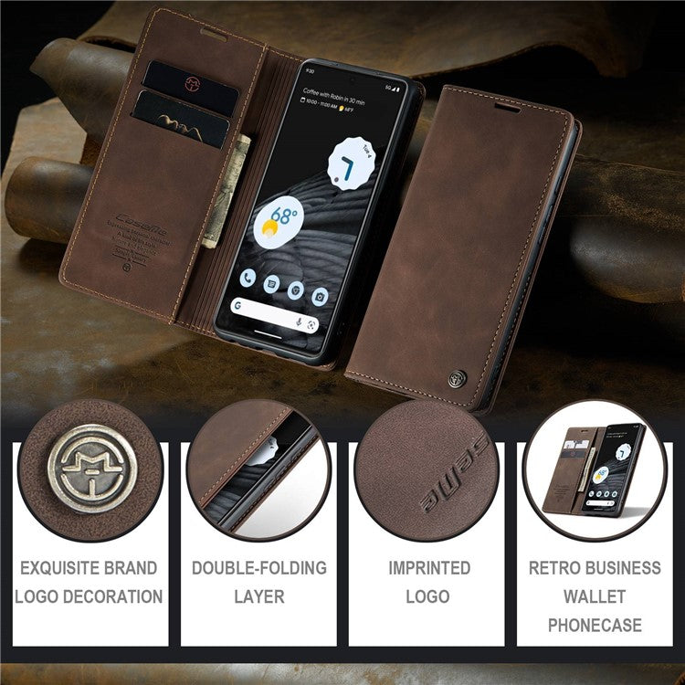 CASEME 013 Series Anti-drop Flip Phone Case for Google Pixel 7 5G, Magnetic Auto-absorbed Anti-scratch PU Leather Phone Cover with Wallet Stand - Coffee
