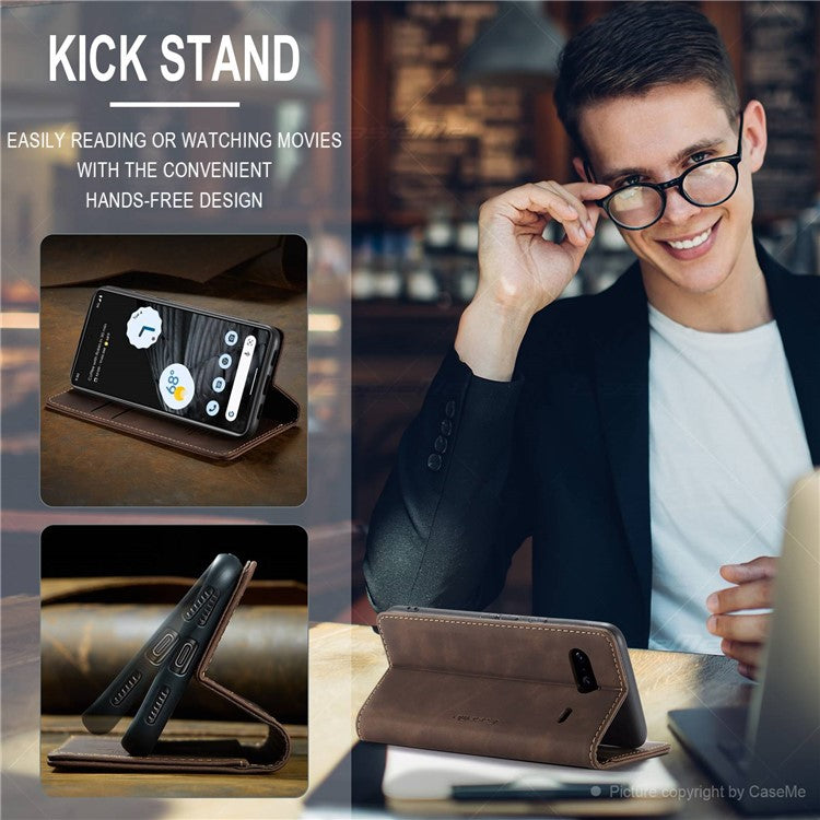 CASEME 013 Series Anti-drop Flip Phone Case for Google Pixel 7 5G, Magnetic Auto-absorbed Anti-scratch PU Leather Phone Cover with Wallet Stand - Coffee