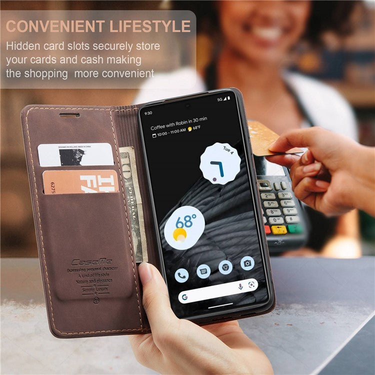 CASEME 013 Series Anti-drop Flip Phone Case for Google Pixel 7 5G, Magnetic Auto-absorbed Anti-scratch PU Leather Phone Cover with Wallet Stand - Coffee