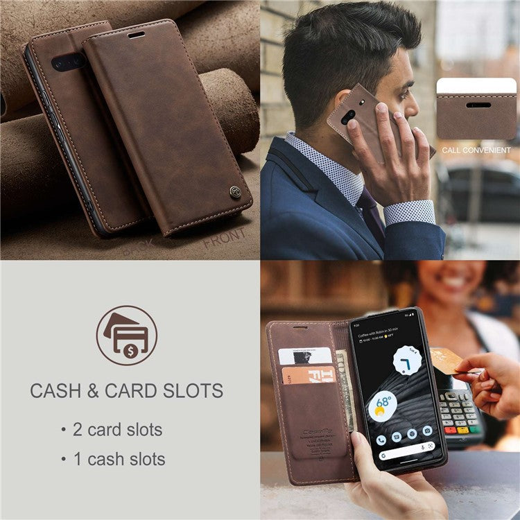 CASEME 013 Series Anti-drop Flip Phone Case for Google Pixel 7 5G, Magnetic Auto-absorbed Anti-scratch PU Leather Phone Cover with Wallet Stand - Coffee