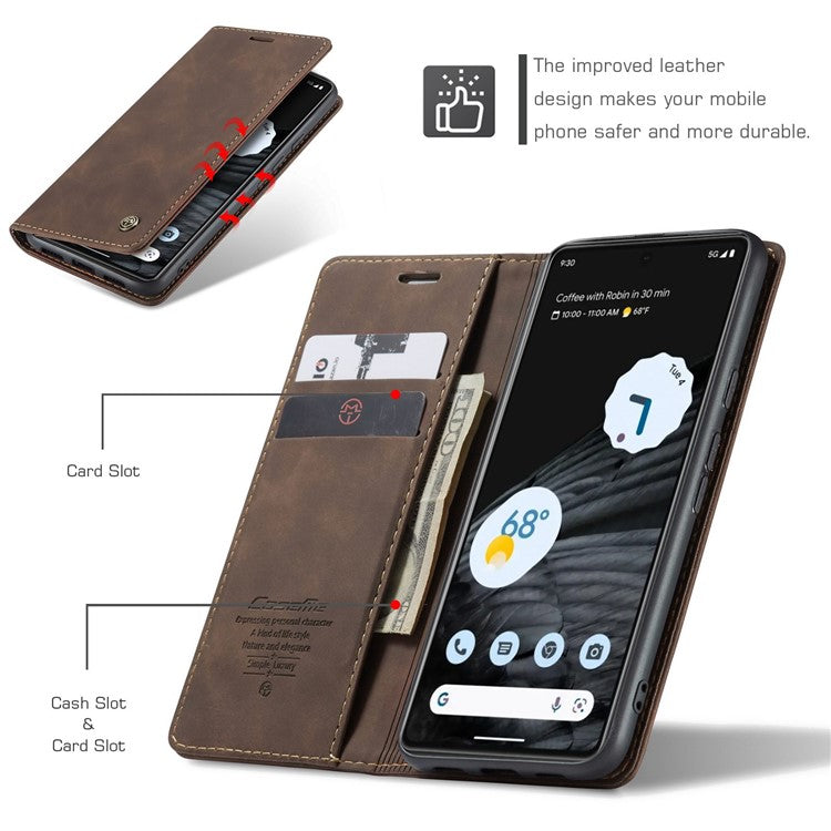 CASEME 013 Series Anti-drop Flip Phone Case for Google Pixel 7 5G, Magnetic Auto-absorbed Anti-scratch PU Leather Phone Cover with Wallet Stand - Coffee
