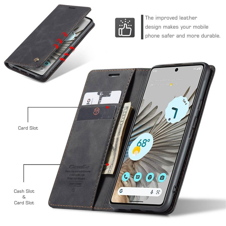 CASEME 013 Series for Google Pixel 7 Pro 5G Full Protection Phone Case PU Leather Flip Wallet Cover Stand Magnetic Auto-absorbed Shell - Black