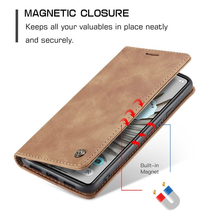 CASEME 013 Series for Google Pixel 7 Pro 5G Full Protection Phone Case PU Leather Flip Wallet Cover Stand Magnetic Auto-absorbed Shell - Brown