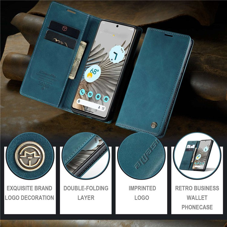 CASEME 013 Series for Google Pixel 7 Pro 5G Full Protection Phone Case PU Leather Flip Wallet Cover Stand Magnetic Auto-absorbed Shell - Blue
