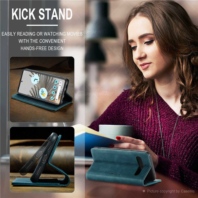 CASEME 013 Series for Google Pixel 7 Pro 5G Full Protection Phone Case PU Leather Flip Wallet Cover Stand Magnetic Auto-absorbed Shell - Blue