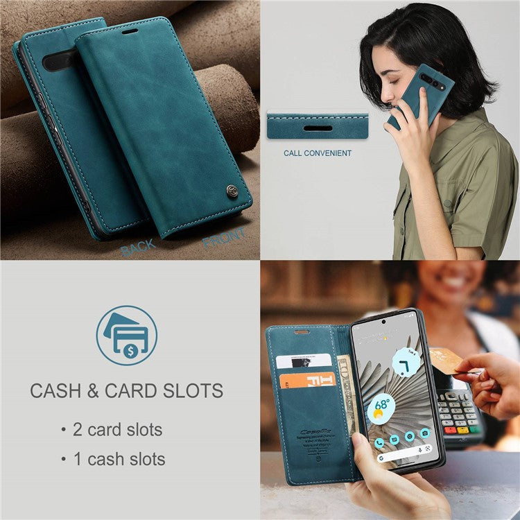 CASEME 013 Series for Google Pixel 7 Pro 5G Full Protection Phone Case PU Leather Flip Wallet Cover Stand Magnetic Auto-absorbed Shell - Blue