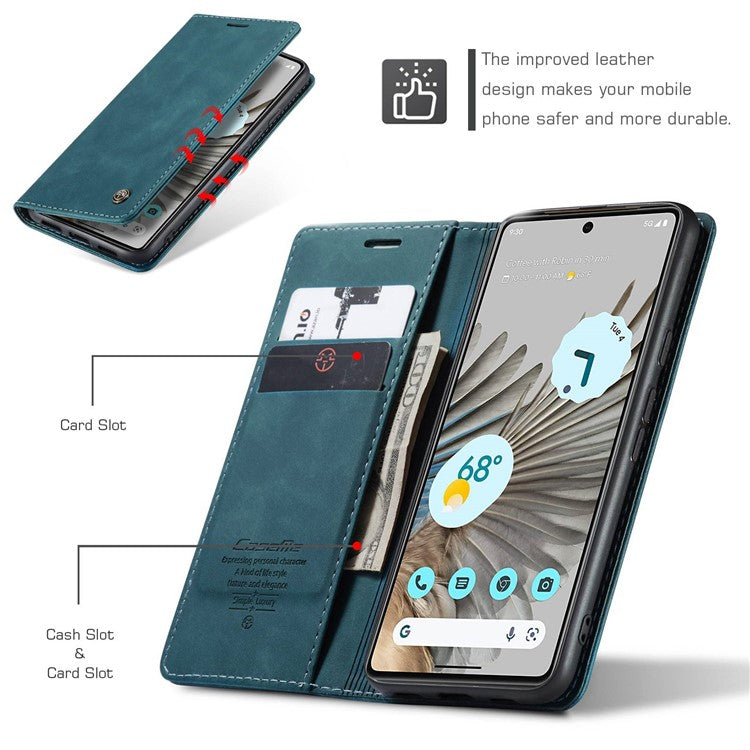 CASEME 013 Series for Google Pixel 7 Pro 5G Full Protection Phone Case PU Leather Flip Wallet Cover Stand Magnetic Auto-absorbed Shell - Blue