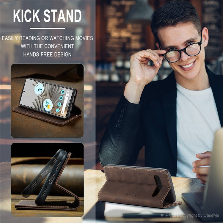 CASEME 013 Series for Google Pixel 7 Pro 5G Full Protection Phone Case PU Leather Flip Wallet Cover Stand Magnetic Auto-absorbed Shell - Coffee