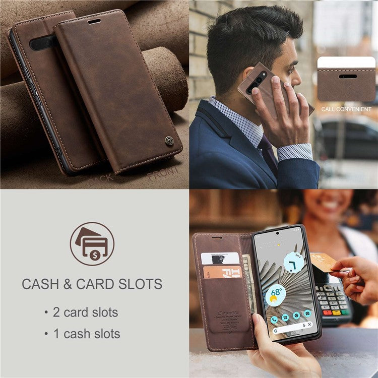 CASEME 013 Series for Google Pixel 7 Pro 5G Full Protection Phone Case PU Leather Flip Wallet Cover Stand Magnetic Auto-absorbed Shell - Coffee
