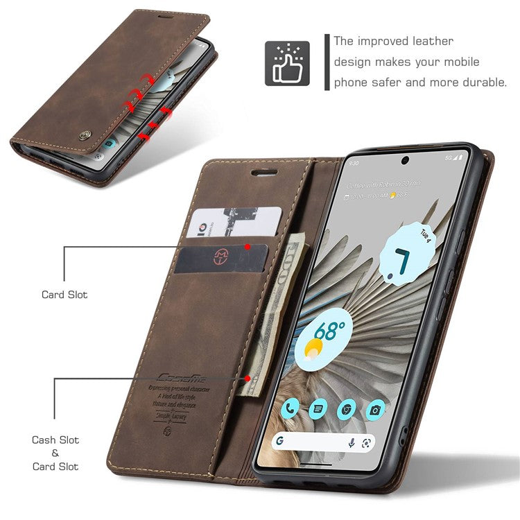 CASEME 013 Series for Google Pixel 7 Pro 5G Full Protection Phone Case PU Leather Flip Wallet Cover Stand Magnetic Auto-absorbed Shell - Coffee