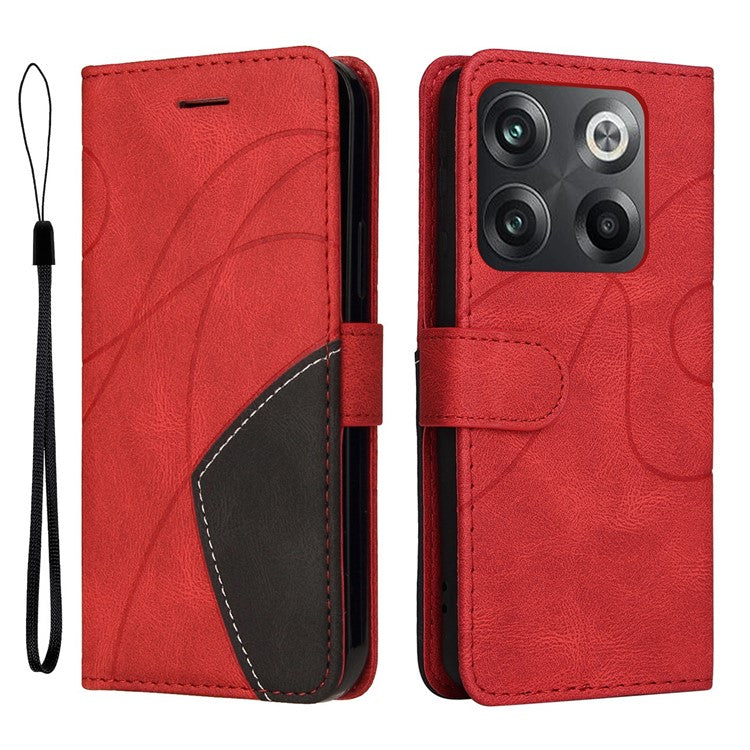 KT Leather Series-1 Anti-fall Phone Cover For OnePlus Ace Pro 5G / 10T 5G Dual-color Splicing PU Leather Phone Wallet Case Stand with Strap - Red