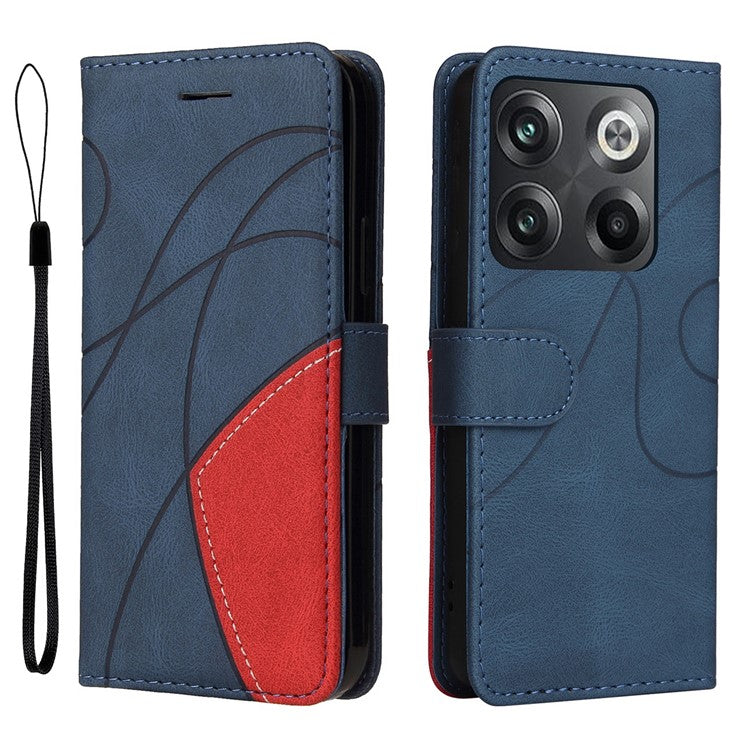 KT Leather Series-1 Anti-fall Phone Cover For OnePlus Ace Pro 5G / 10T 5G Dual-color Splicing PU Leather Phone Wallet Case Stand with Strap - Blue