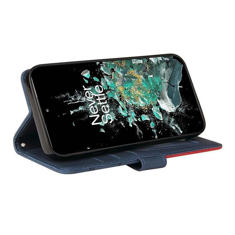 KT Leather Series-1 Anti-fall Phone Cover For OnePlus Ace Pro 5G / 10T 5G Dual-color Splicing PU Leather Phone Wallet Case Stand with Strap - Blue