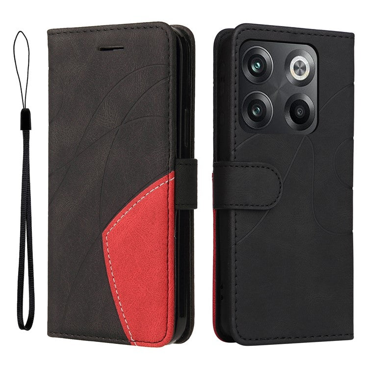 KT Leather Series-1 Anti-fall Phone Cover For OnePlus Ace Pro 5G / 10T 5G Dual-color Splicing PU Leather Phone Wallet Case Stand with Strap - Black
