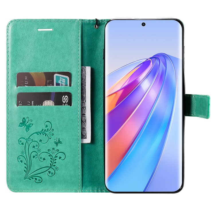 KT Imprinting Series-2 for Honor X40 5G / X9a 5G / Magic5 Lite 5G PU Leather Horizontal Stand Wallet Case Imprinted Butterfly Pattern Magnetic Clasp Protective Cover - Green