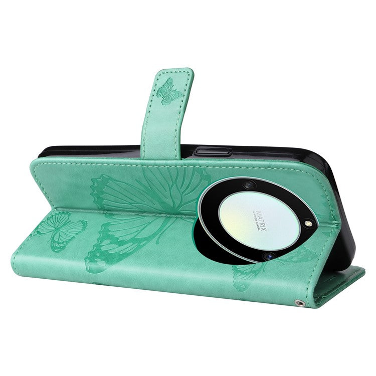 KT Imprinting Series-2 for Honor X40 5G / X9a 5G / Magic5 Lite 5G PU Leather Horizontal Stand Wallet Case Imprinted Butterfly Pattern Magnetic Clasp Protective Cover - Green
