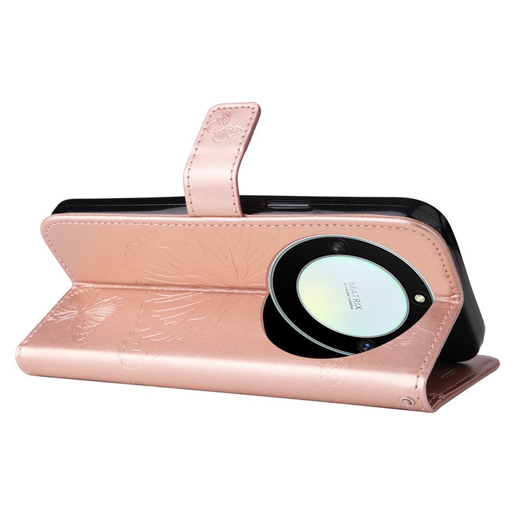 KT Imprinting Series-2 for Honor X40 5G / X9a 5G / Magic5 Lite 5G PU Leather Horizontal Stand Wallet Case Imprinted Butterfly Pattern Magnetic Clasp Protective Cover - Rose Gold